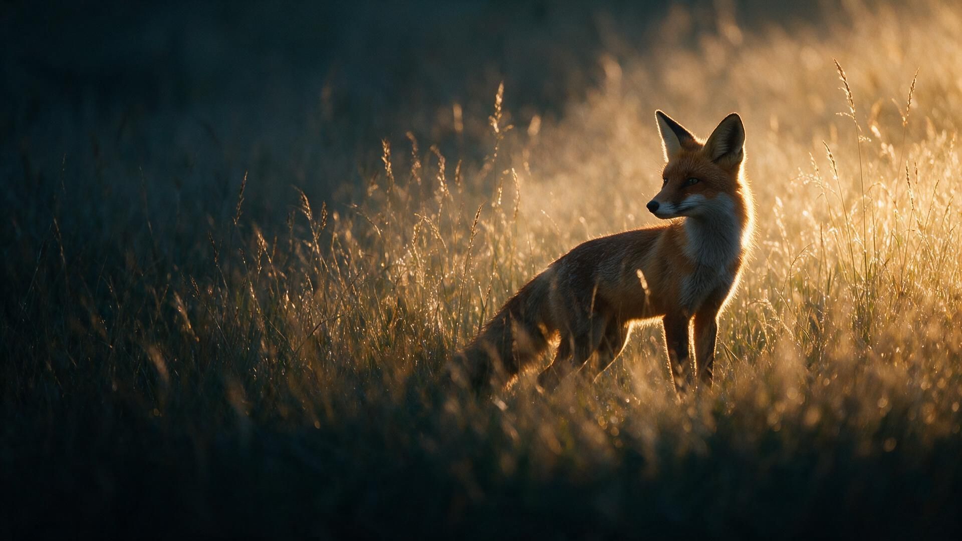 A live channel playing: a fox in tall grass at sunrise, with the channel name and what is on now and next.