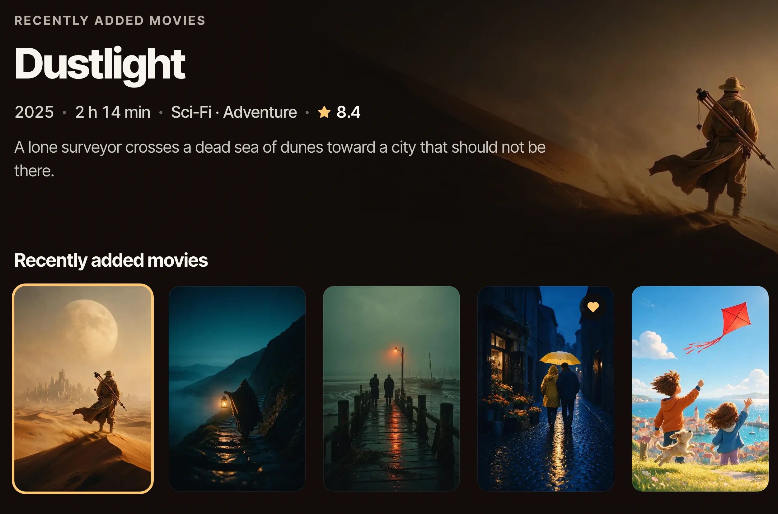 The Home screen: a featured film with its details, above a row of film posters.